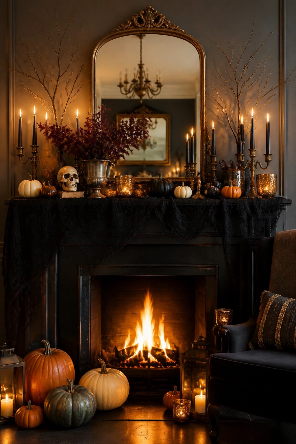 Black fireplace mantel styled with a skull, black taper candles, bare branches, and small pumpkins for Halloween.