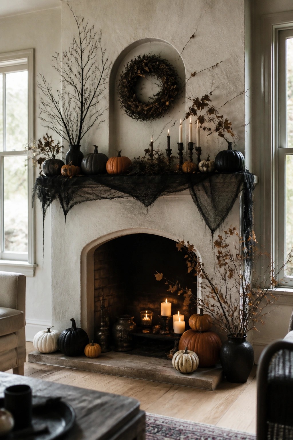 White fireplace mantel styled for Halloween with black cheesecloth draped across it, black candlesticks, pumpkins, and a dried wreath above the opening.