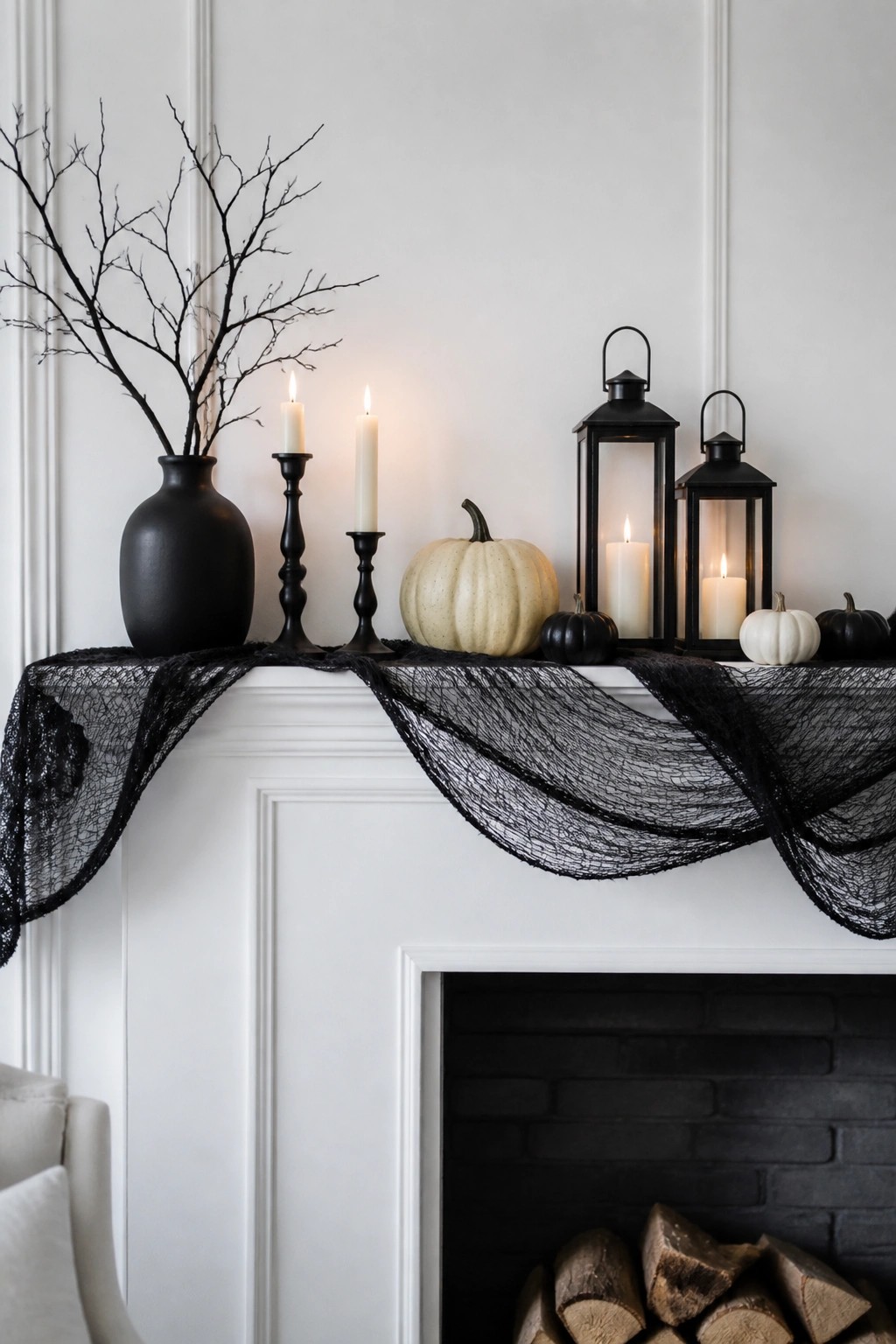 White fireplace mantel decorated with black mesh fabric draped across the top, black branches in a vase, black candlesticks, lanterns, and white and black pumpkins.