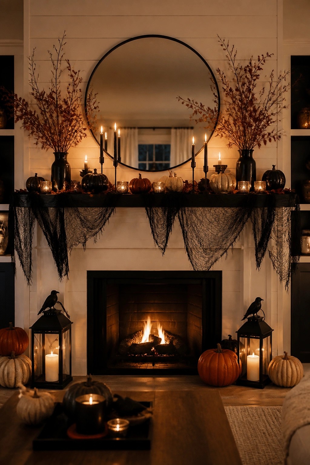 White fireplace mantel styled for Halloween with black netting draped across the front, black crows on lanterns, dark branches in vases, and assorted pumpkins and candles.