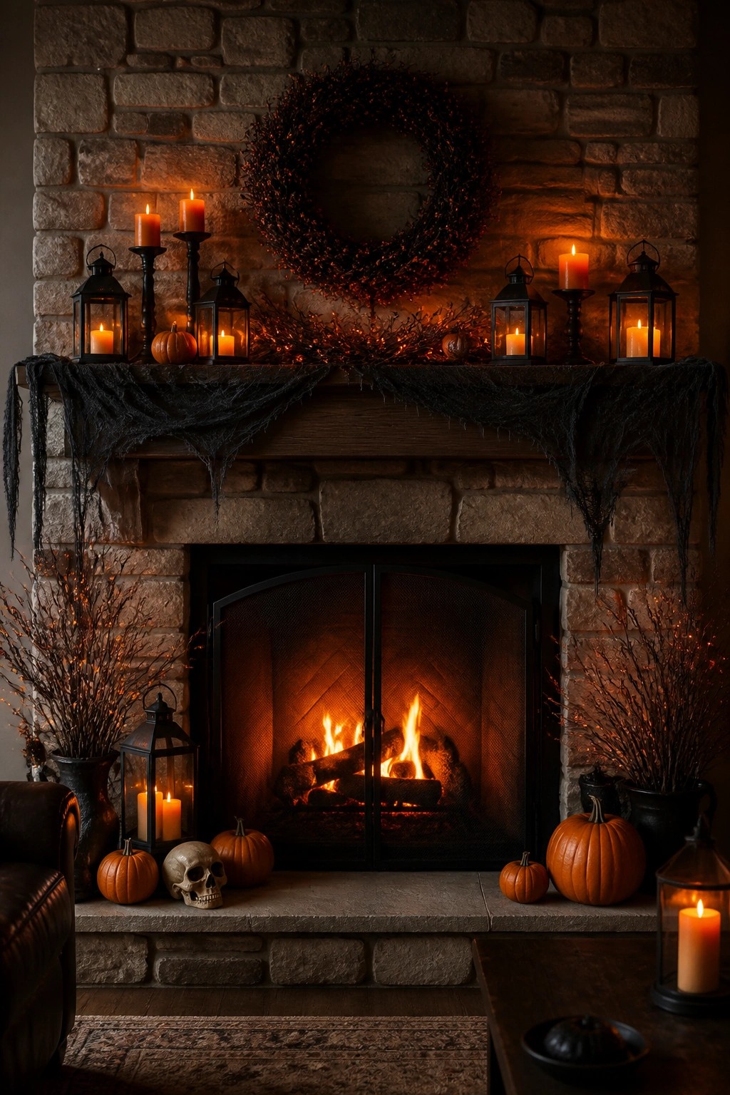 Stone fireplace mantel decorated with black spiderweb gauze, black lanterns, candles, a dark wreath, and small pumpkins for Halloween.