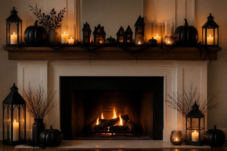 21 Inspiring Halloween Mantle Styling Tips for Your Fireplace White fireplace mantel styled for Halloween with black netting draped across the front, black crows on lanterns, dark branches in vases, and assorted pumpkins and candles.