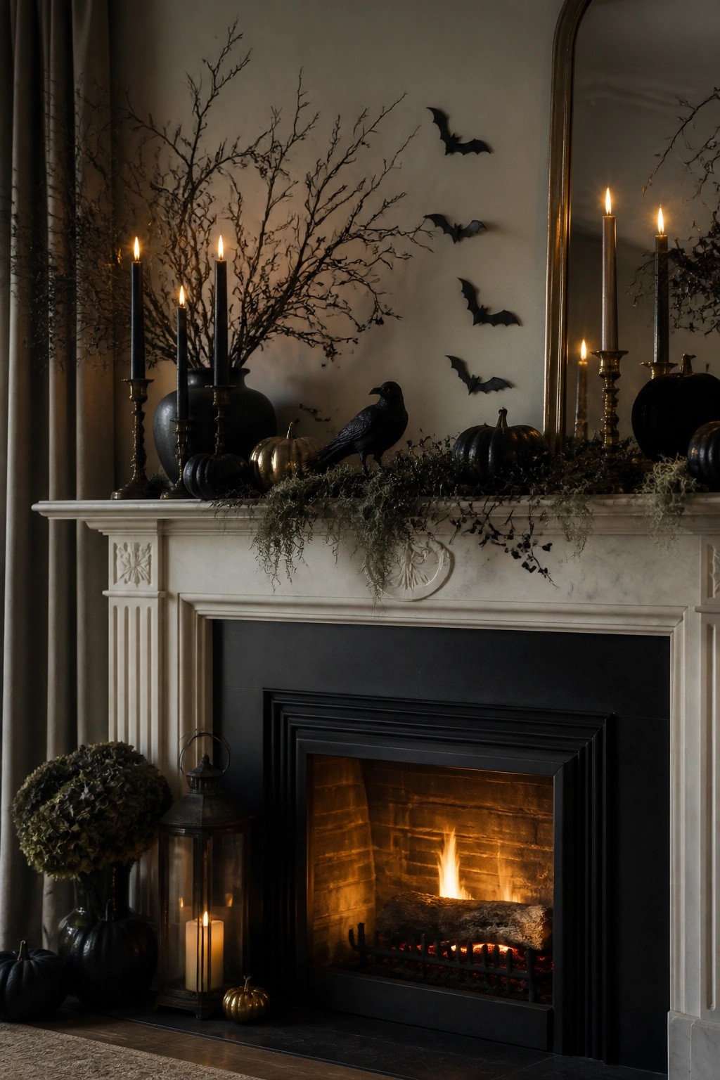 White marble fireplace mantel styled with black taper candles, dried branches in dark vases, black pumpkins, a black bird figure, and several paper bats arranged on the wall above.