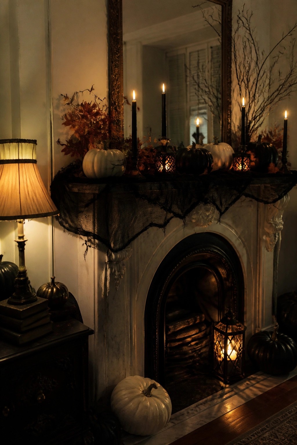 Elegant fireplace mantel with pumpkins, black candles, lanterns, lace, and fall foliage
