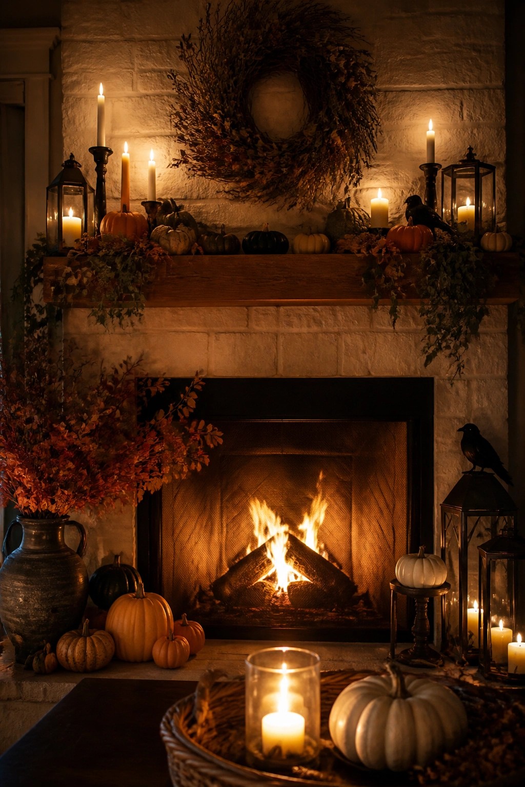 Stone fireplace mantel styled with assorted pumpkins, black crows, candles in lanterns, and a large wreath for Halloween.