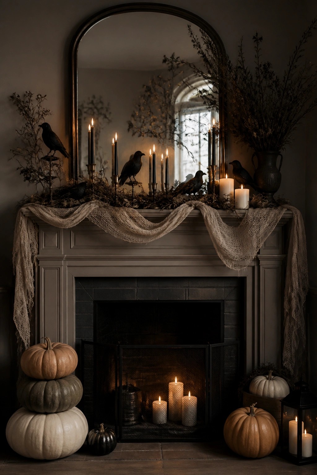 Gray fireplace mantel decorated for Halloween with black crows, lit black and white candles, dried branches, and gauze fabric draped across the front.