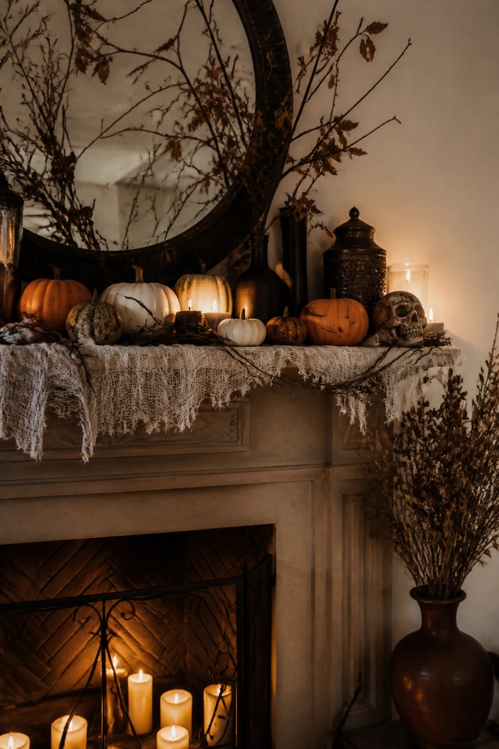 Fireplace mantel decorated with orange and white pumpkins, a skull, lit candles, and dried branches for Halloween.