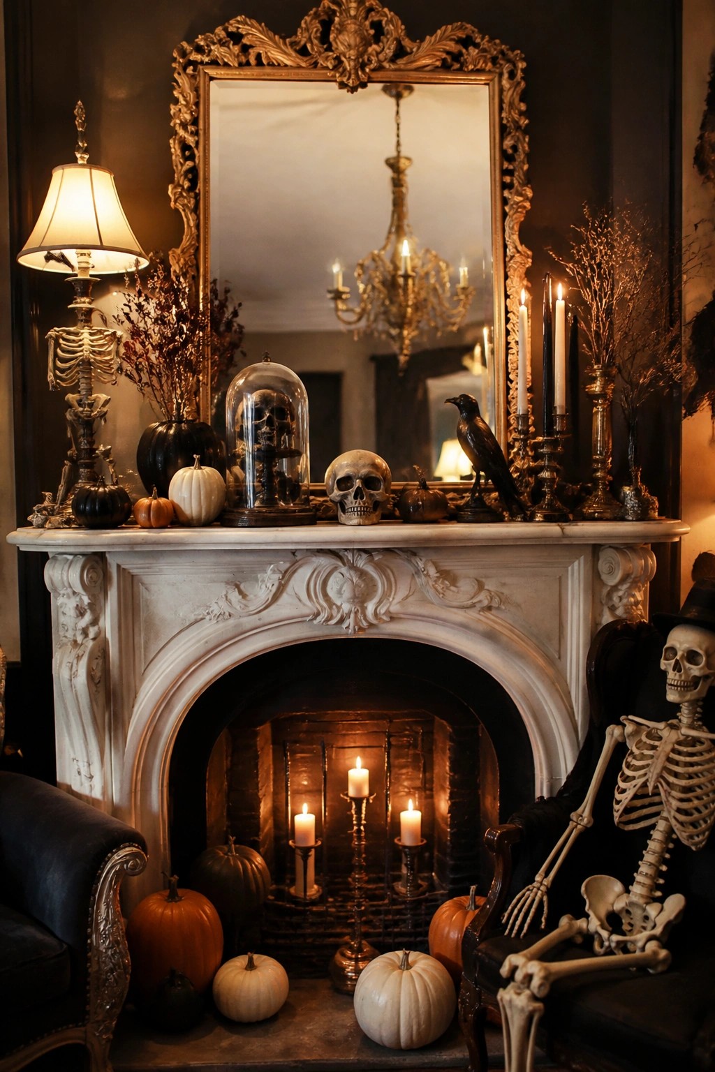 Gothic fireplace mantel with skeletons, pumpkins, skulls, candles, and ornate gold mirror