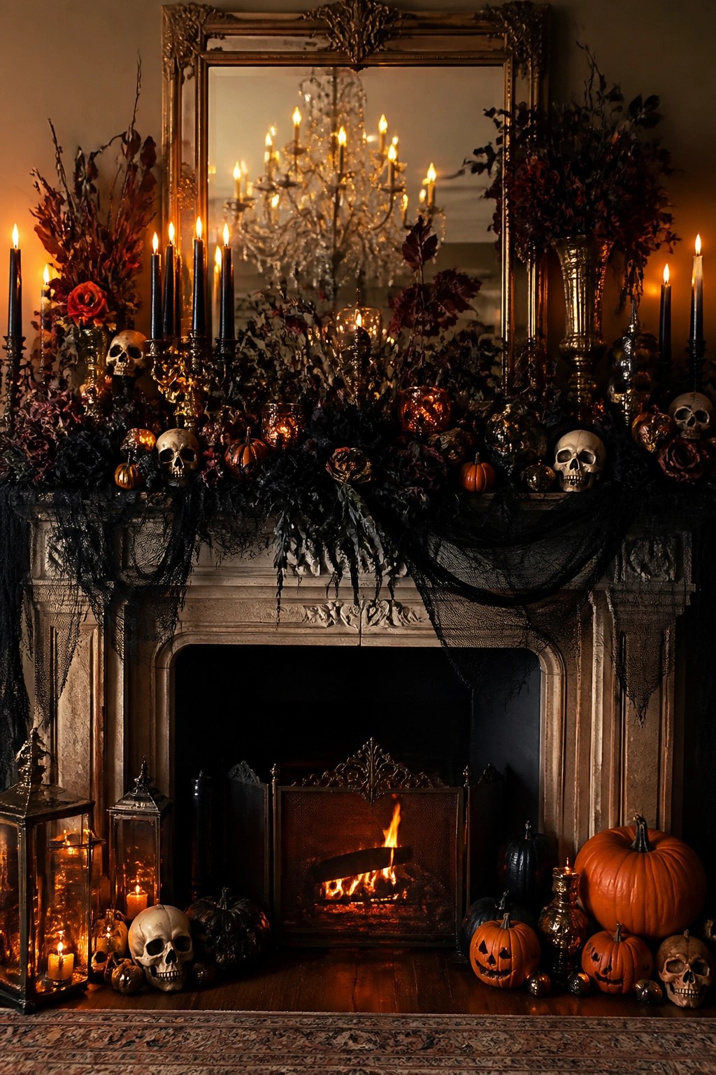 A stone fireplace mantel decorated with multiple skulls, black garland, dark foliage, black candles, and small pumpkins for Halloween.