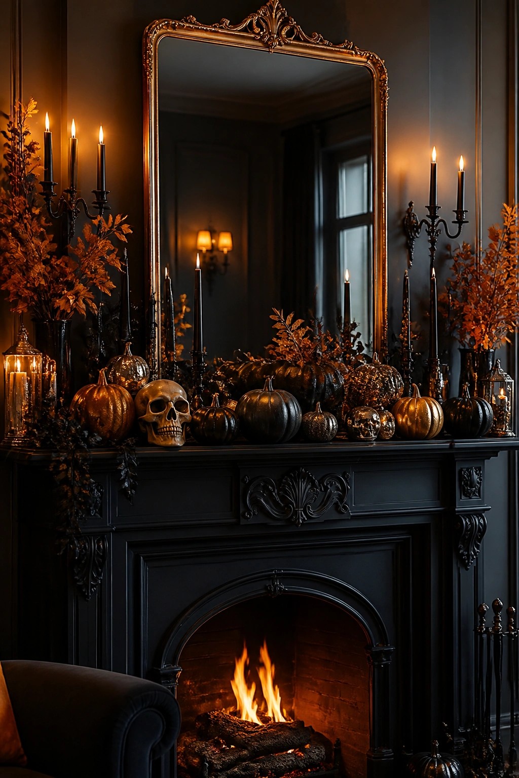 Ornate gold mirror above black fireplace mantel with metallic pumpkins, skulls, black candles and autumn leaves.