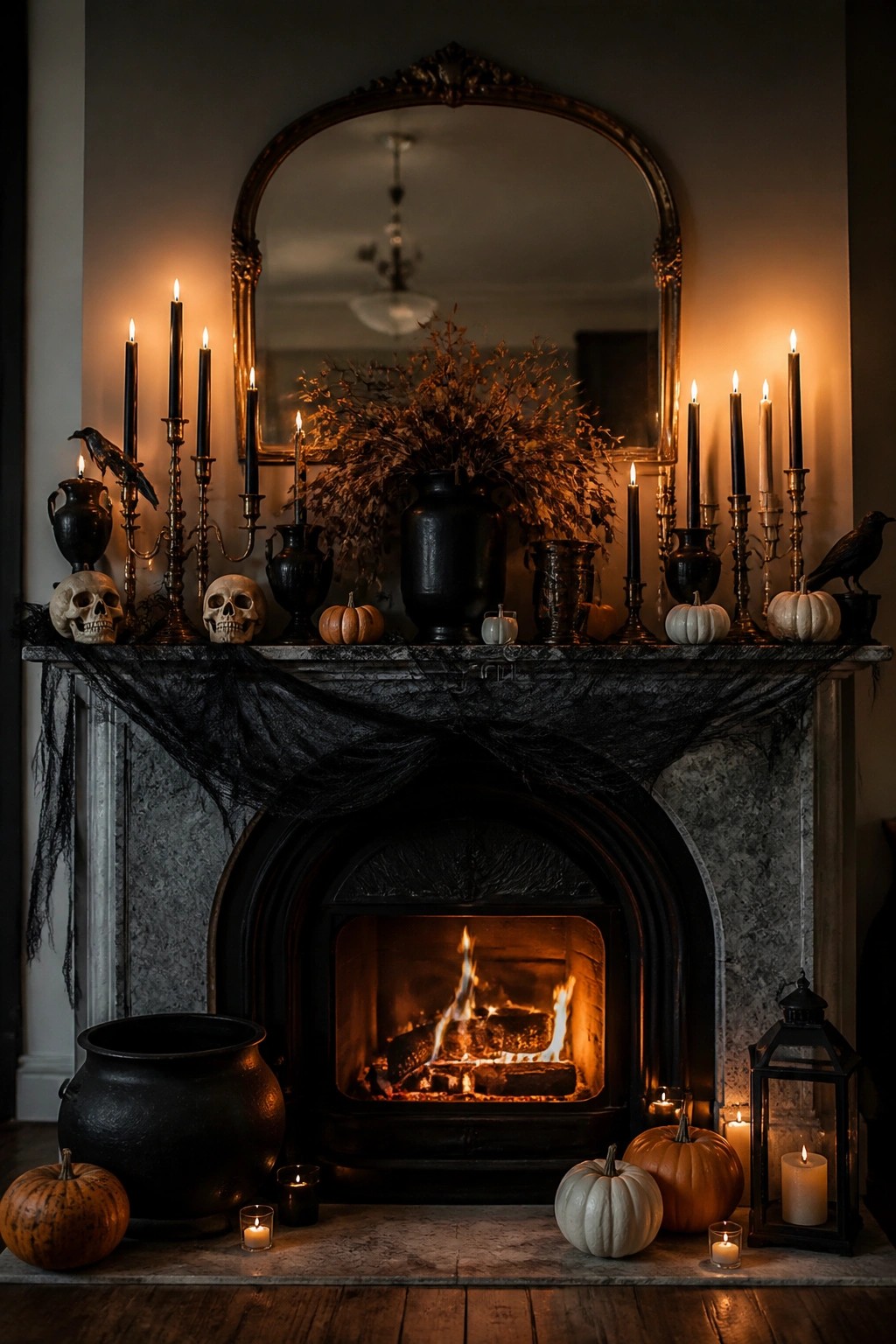 A marble fireplace mantel styled for Halloween with two skulls, multiple black candelabras holding lit candles, black crows, and draped black fabric.