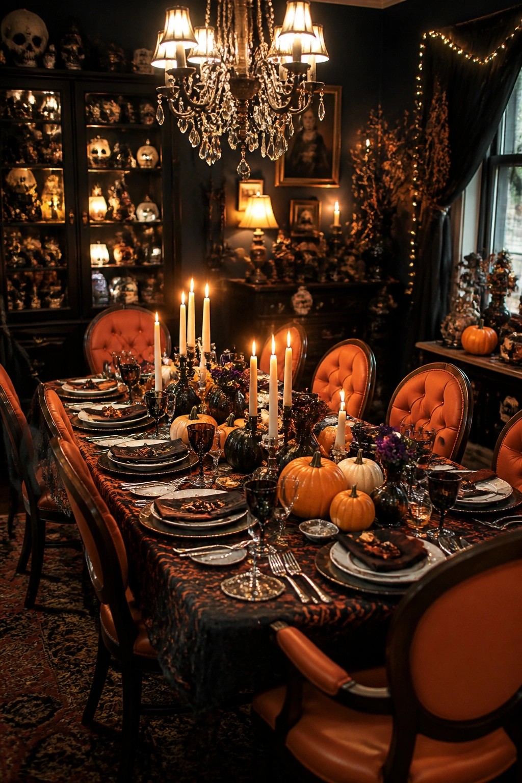 A long dining table covered in a black and orange patterned cloth, set with black and white pumpkins, tall white candles, dark glassware, and orange upholstered chairs.