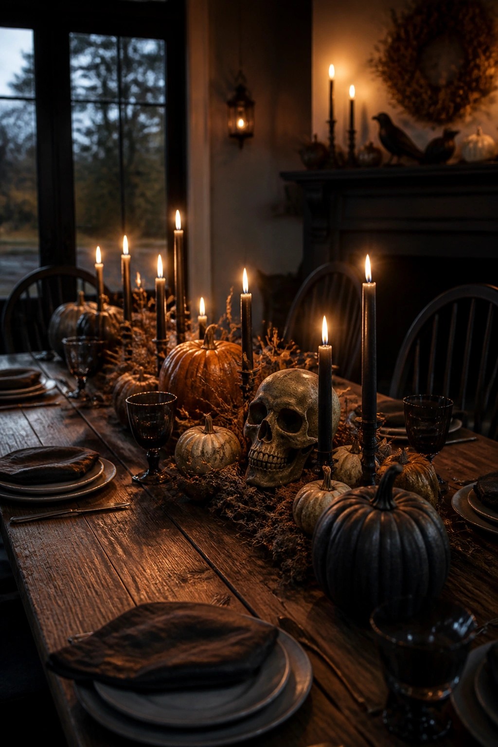 Dining table with a skull centerpiece surrounded by pumpkins and black candles.