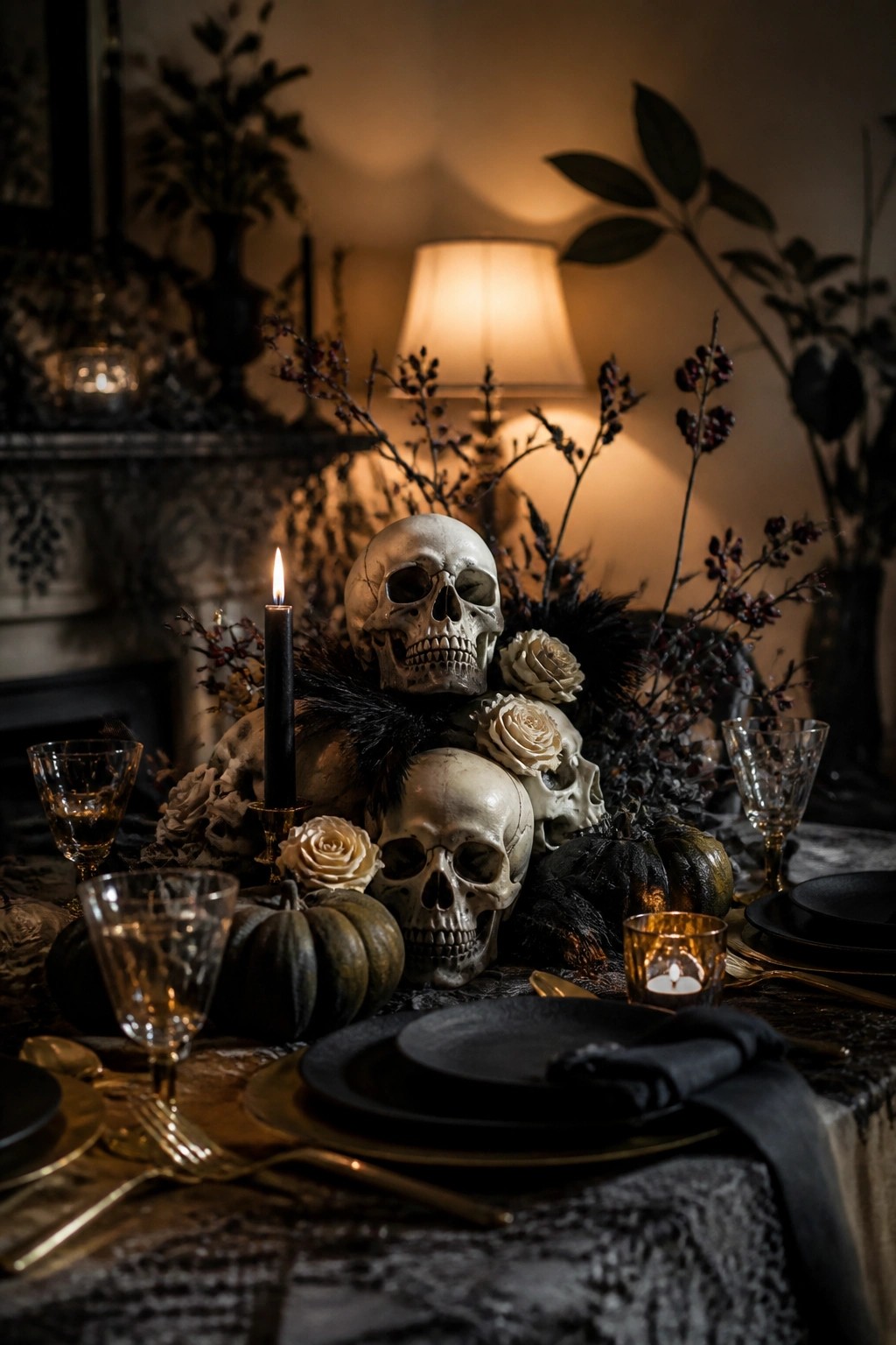 Dining table with black plates, gold flatware, and a centerpiece made of clustered skulls, white roses, and dark branches.