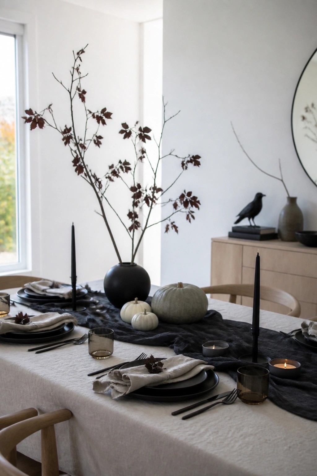 Dining table with a black vase holding tall bare branches as the centerpiece, surrounded by black plates, dark linens, black candles, small pumpkins, and a crow statue.