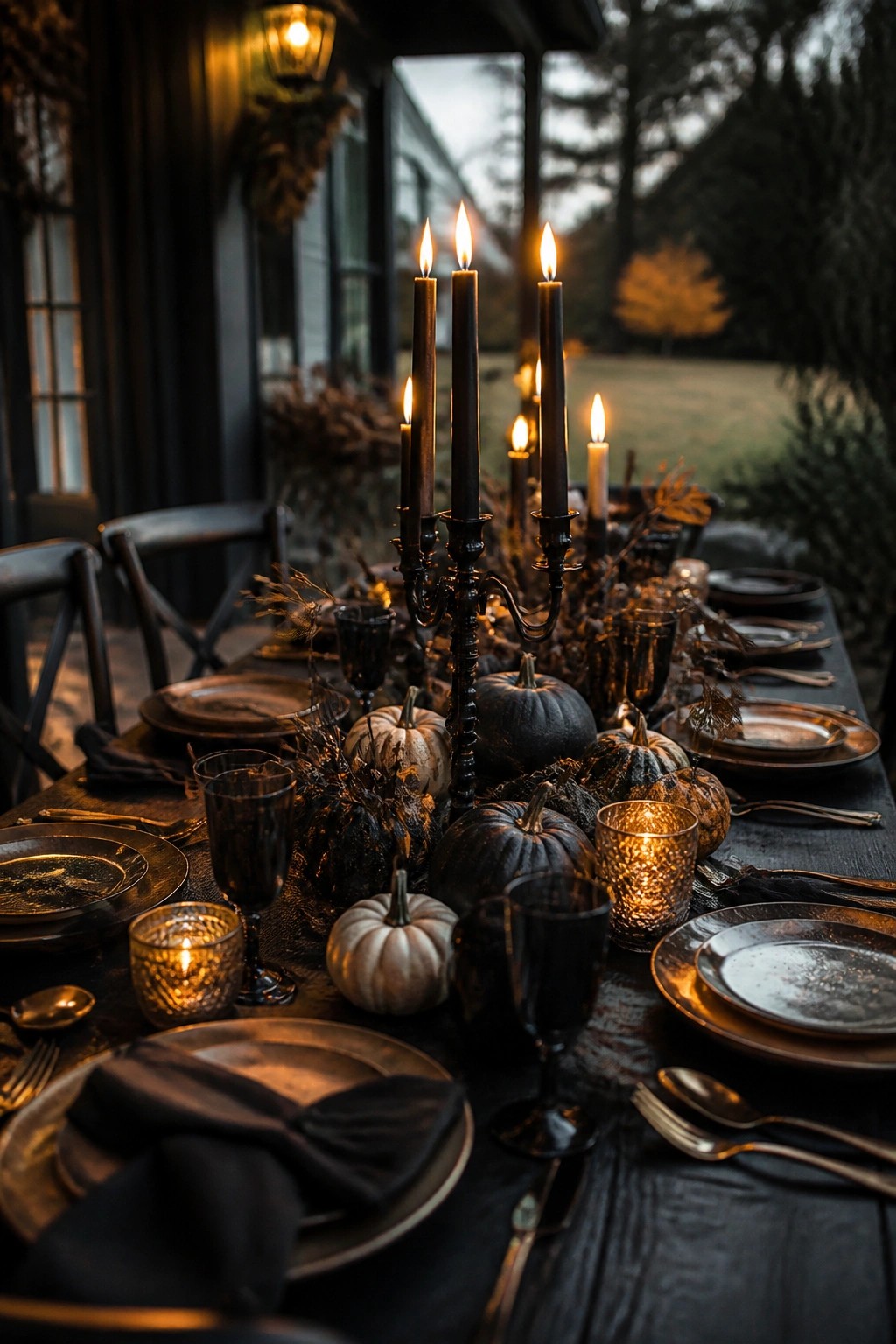 Outdoor dining table set with a tall black candelabra holding lit candles, surrounded by dark and pale pumpkins, black glassware, and metallic plates.