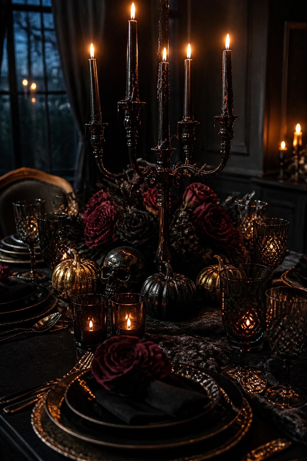 Dark dining table with a tall black candelabra centerpiece surrounded by skulls, dark roses, and black and gold pumpkins.