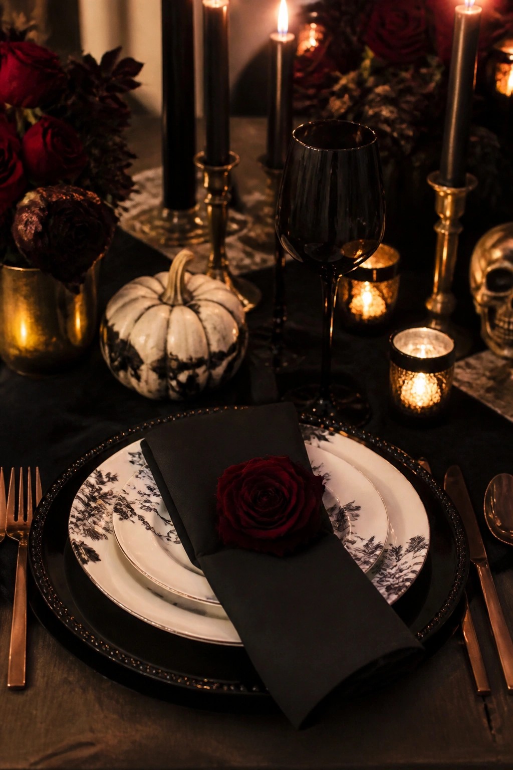 Elegant dark table setting with black plates, red rose napkin, candles, and pumpkin.