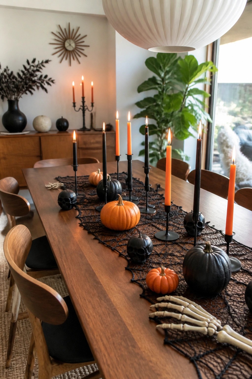 Halloween wooden dining table with lit candles, black-orange pumpkins, skulls, and skeleton hand