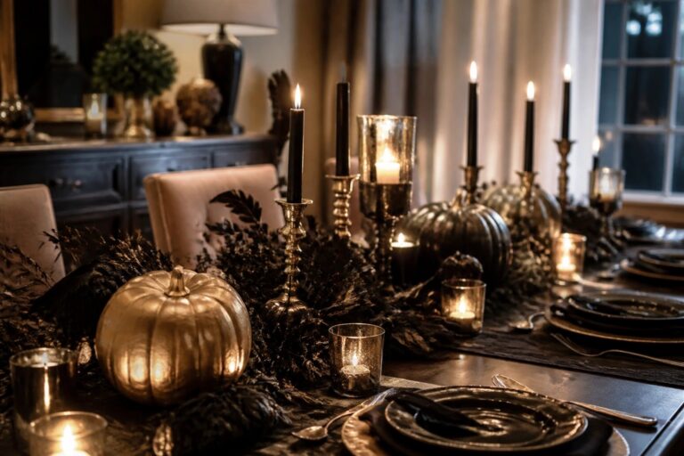 Dark table with black pumpkins, lit candles, twigs, and dark glass goblets in warm light.