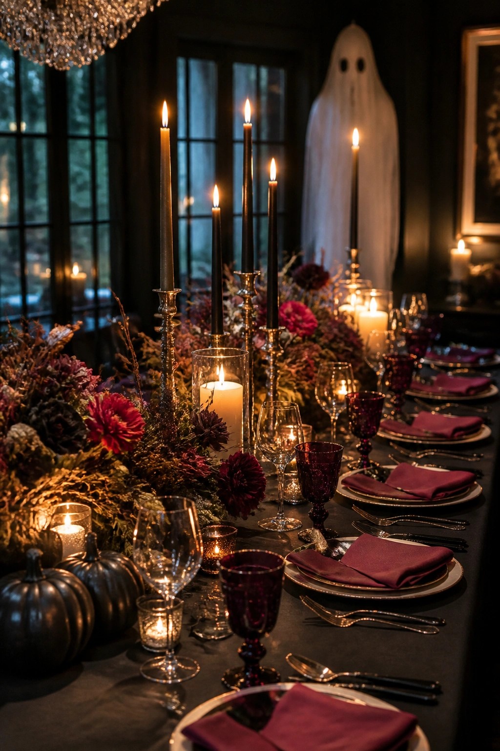 Dining table set with black candles, dark florals, purple glassware, and a white ghost figure standing in the background.