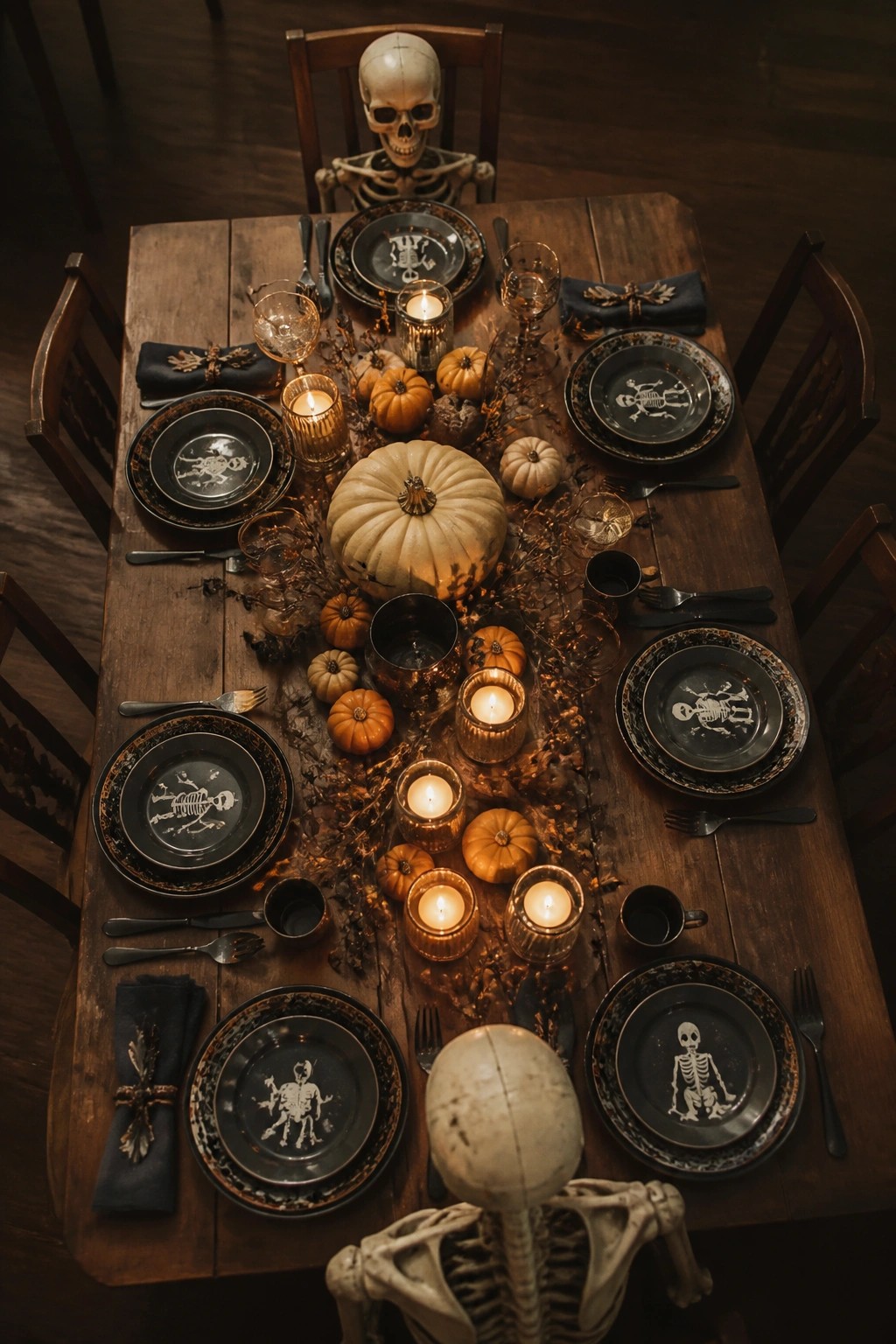 Spooky Halloween table with skeleton plates, pumpkins, candles, and seated skeletons on wood.