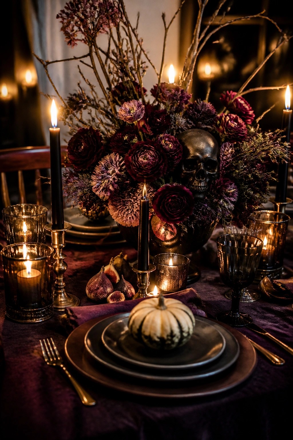 Dining table set with a large dark floral centerpiece containing a metallic black skull, surrounded by black candles, glass votives, and a small white pumpkin on stacked black plates.