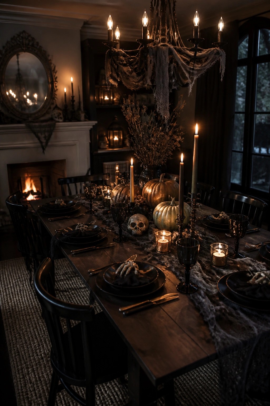 Dark wooden dining table set with black plates, skeletal hands on several place settings, a small skull, pumpkins, candles, and a cobweb runner.