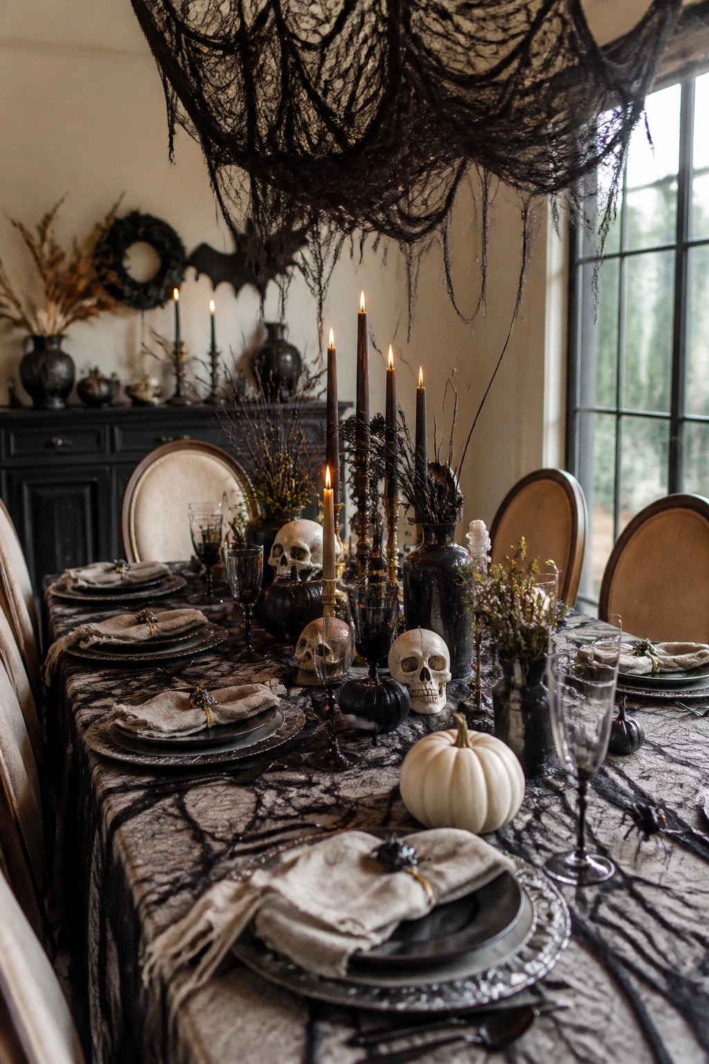 Dining table set for Halloween with skulls, tall black candles, white and black pumpkins, and a large black spiderweb hanging from the ceiling.