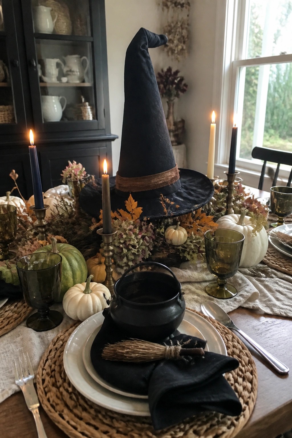 Dining table with a large black witch hat as the central centerpiece, surrounded by white pumpkins, lit taper candles, dried foliage, and black place settings that include a small cauldron and broom.