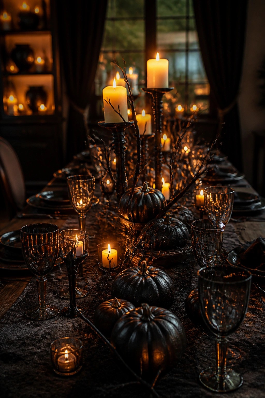 Dark table with black pumpkins, lit candles, twigs, and dark glass goblets in warm light.