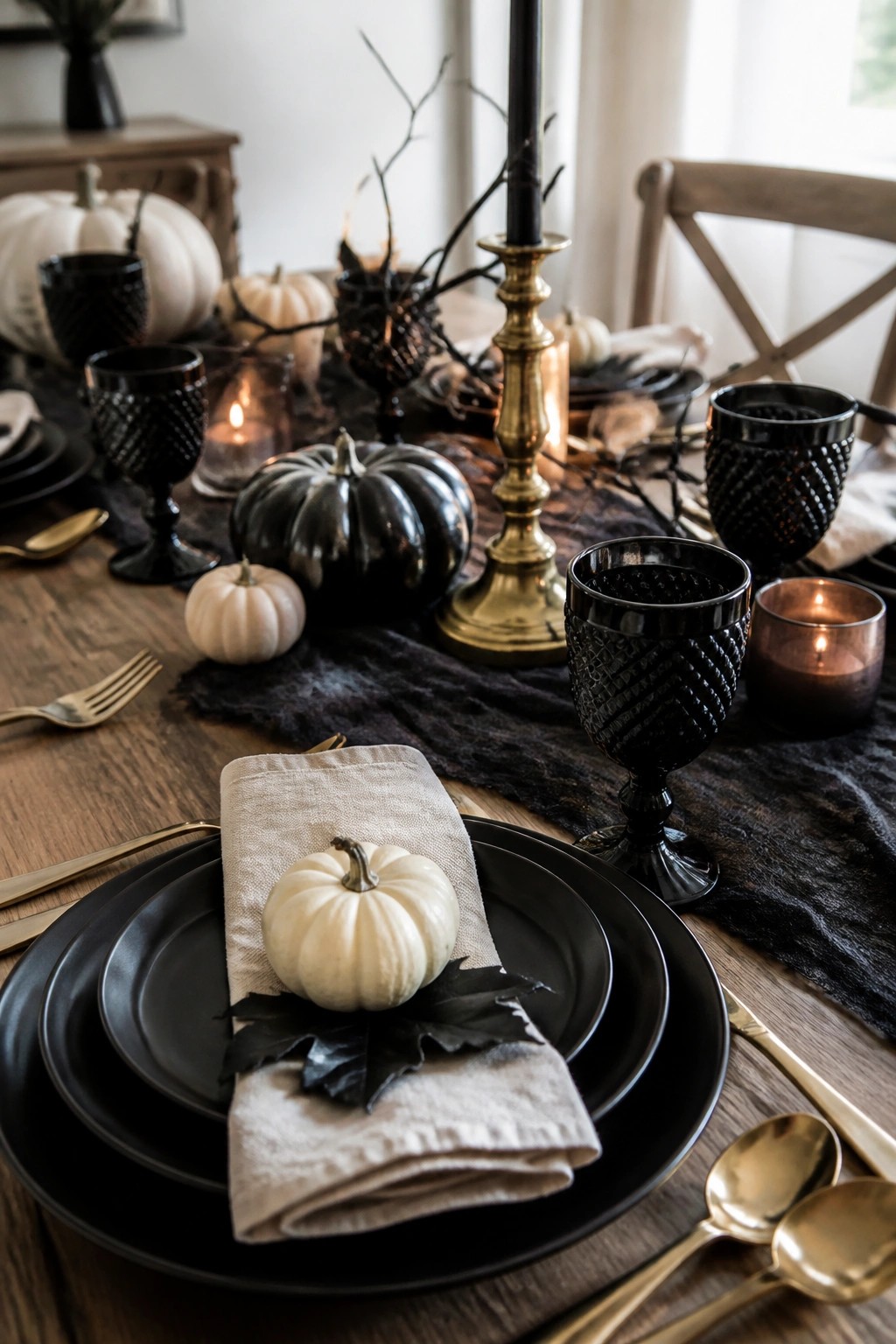 Elegant Halloween table setting with black plates, white pumpkins, gold cutlery, and candles.