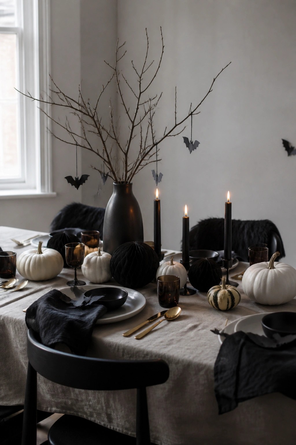 Minimalist black-and-white Halloween table with lit candles, white pumpkins, and paper bats.