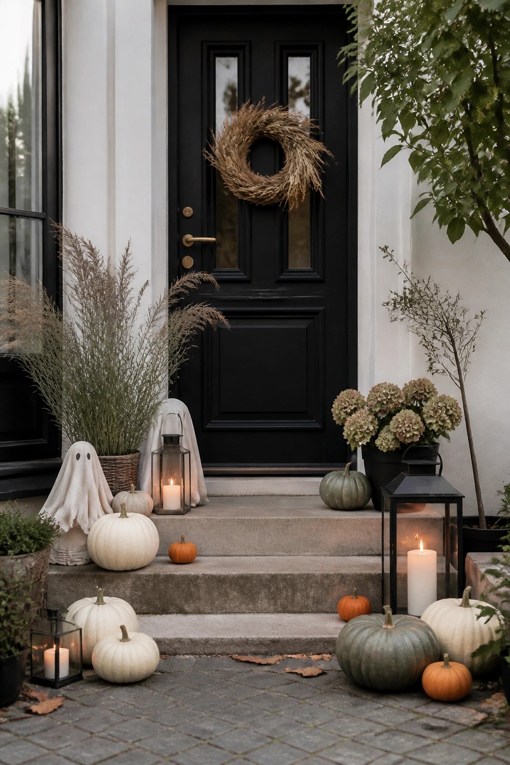 Front entrance with black door and concrete steps decorated with a white fabric ghost, assorted pumpkins, and lanterns.