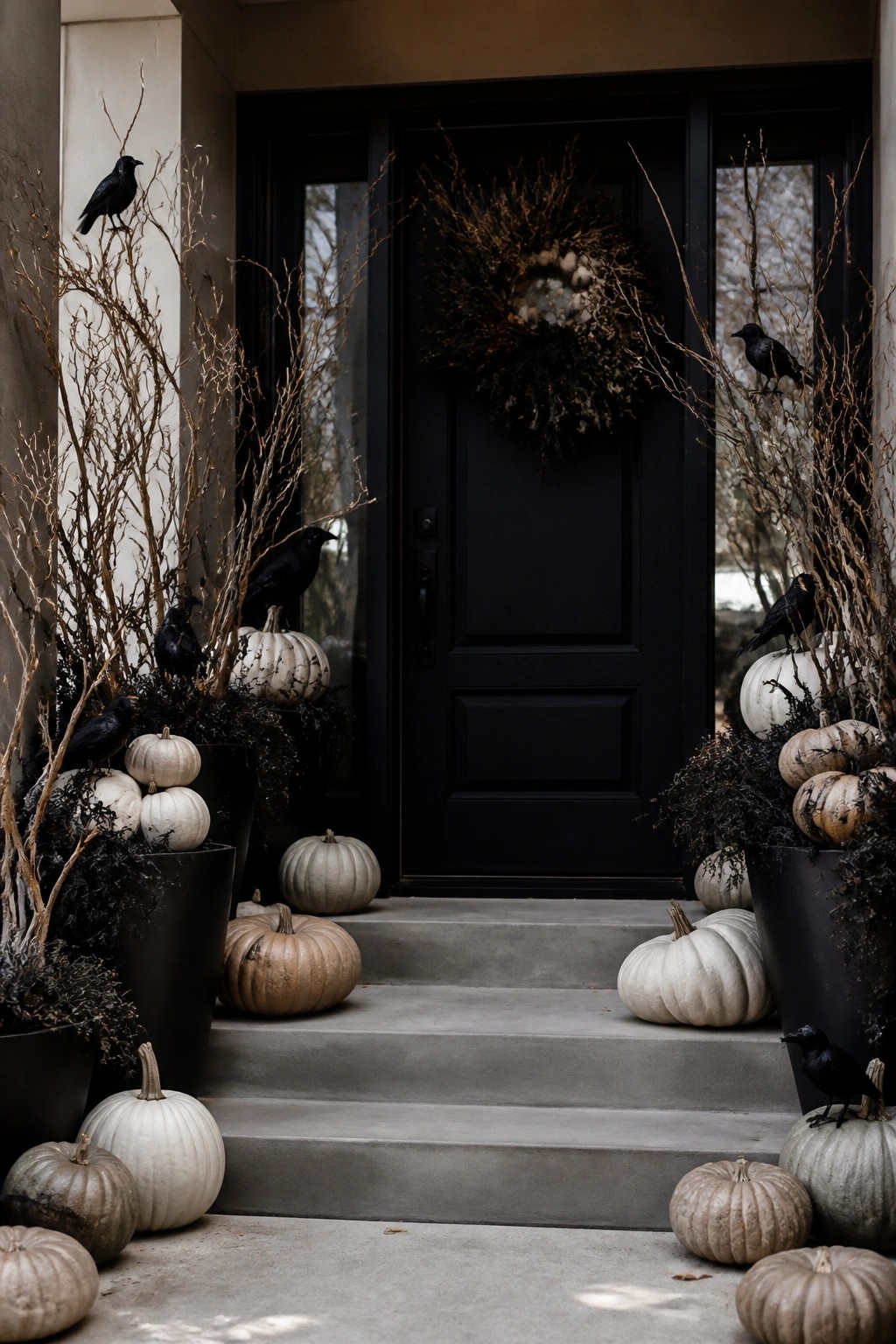 Black front door flanked by tall bare branches in black pots with black crows perched among them and scattered white and gray pumpkins on the steps.