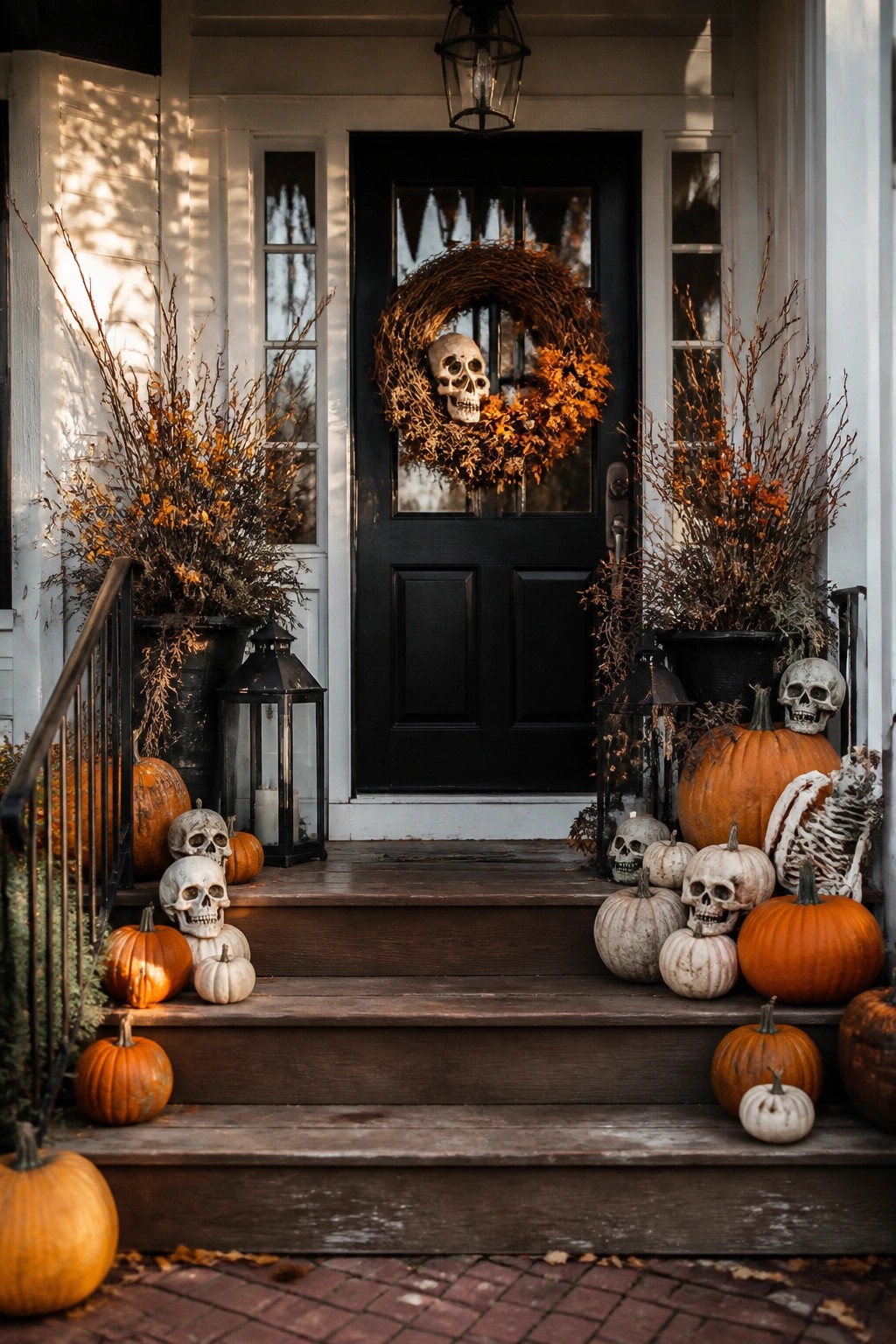 Front porch with black door featuring a skull wreath, skulls mixed among orange and white pumpkins on the steps, and a skeleton figure on the right side.