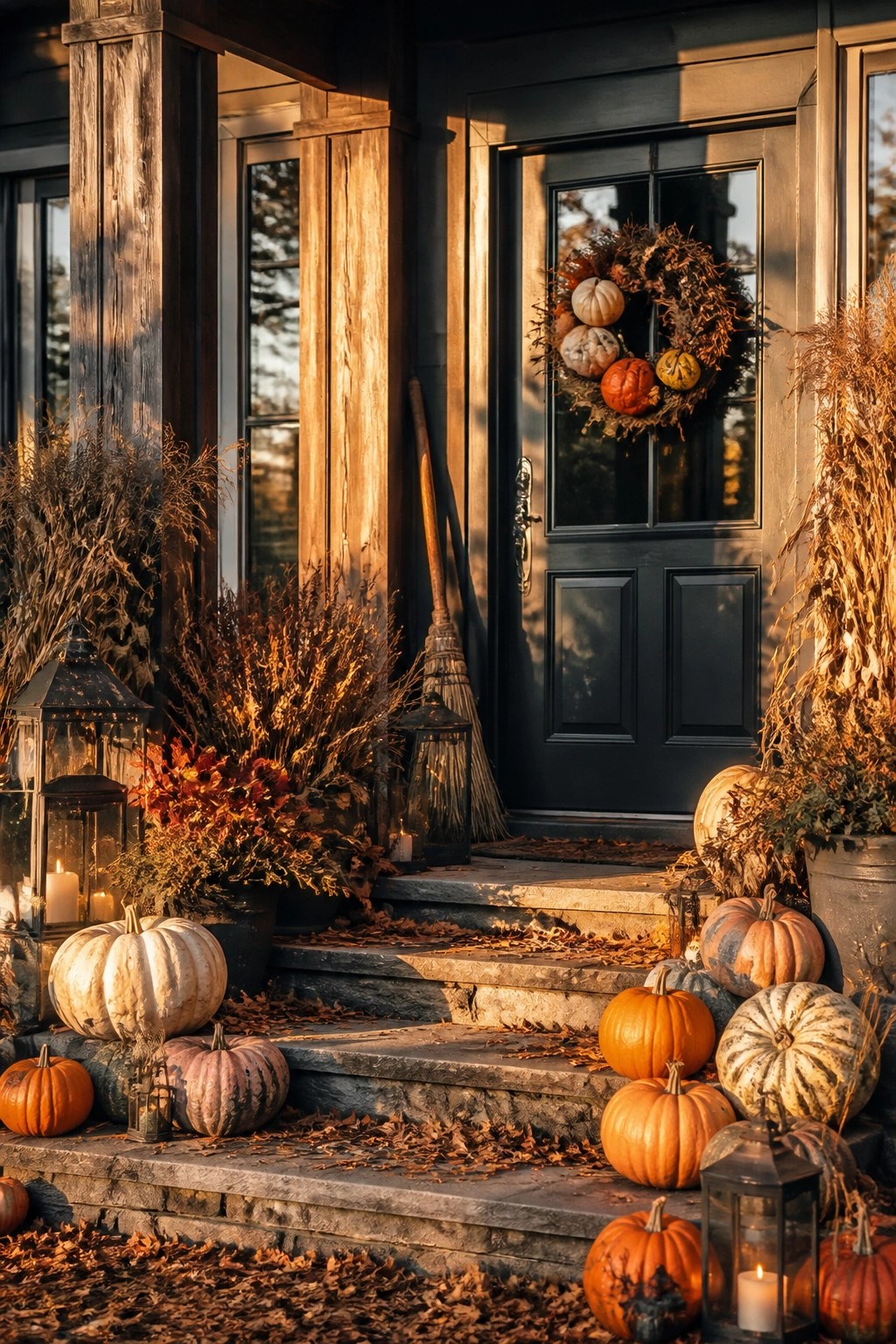 Stone steps leading to a dark front door lined with orange, white, and striped pumpkins plus black lanterns and a pumpkin wreath on the door.
