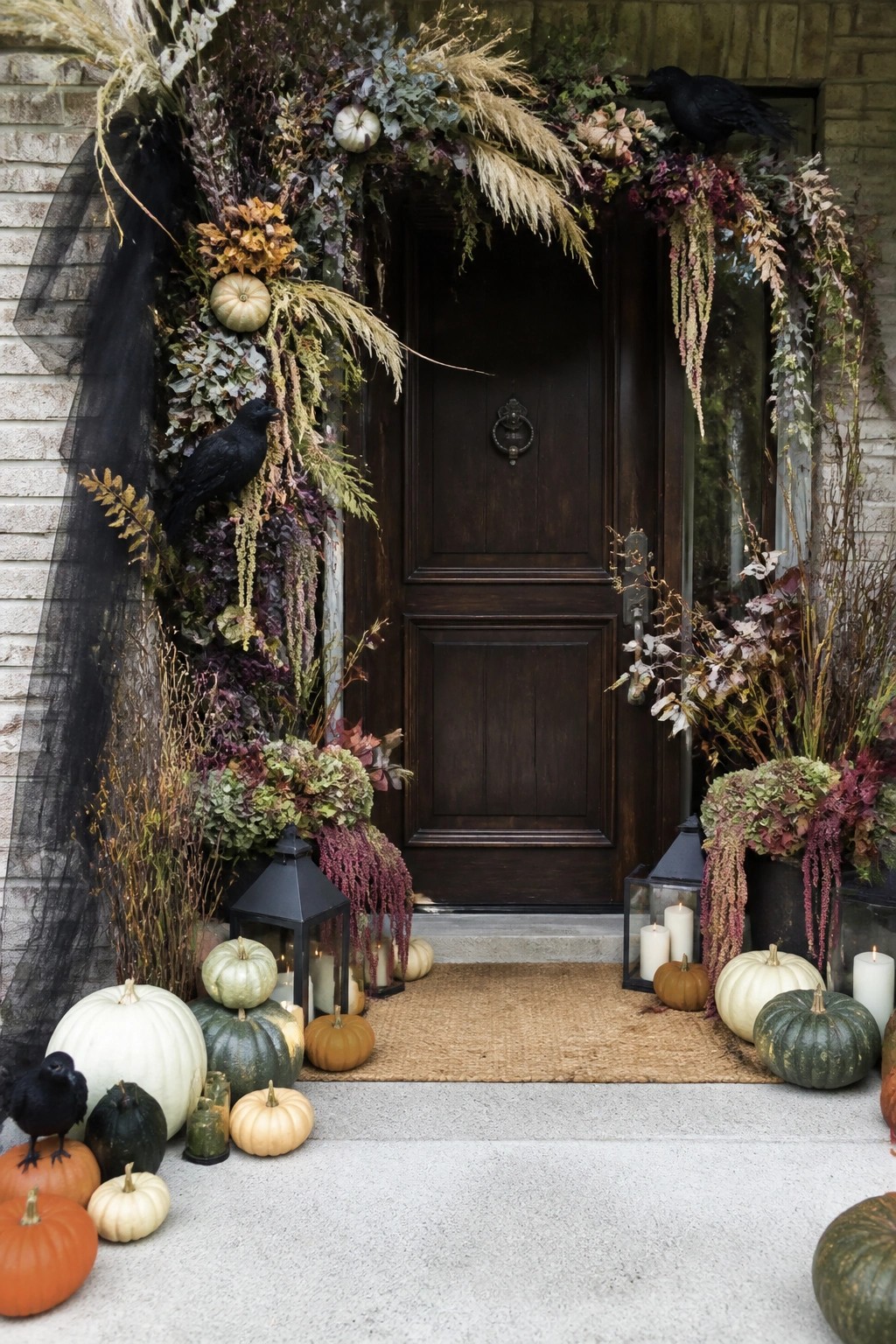 Front door decorated with a large foliage arch, black crows, pumpkins, and black lanterns.