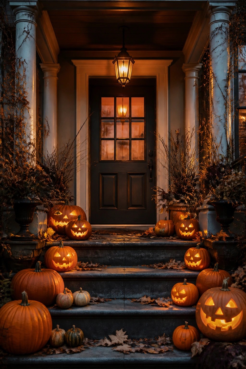 Front entrance steps lined with multiple carved and lit jack o lanterns in front of a dark door.