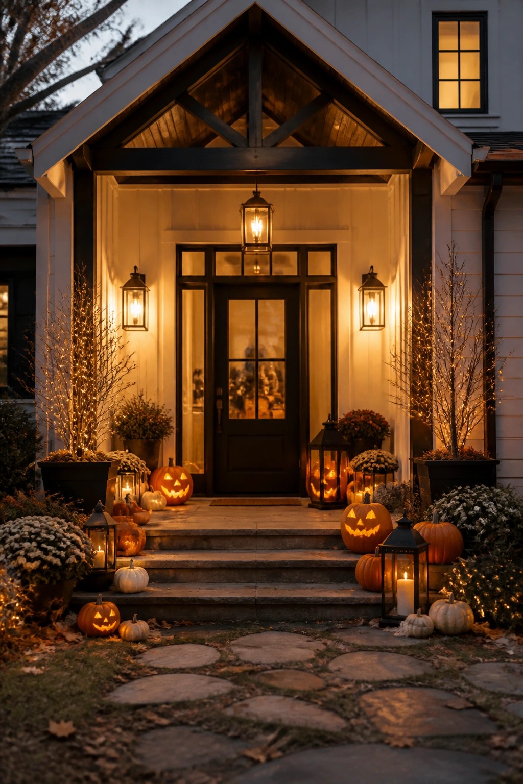 Front entrance decorated with carved jack o lanterns and lanterns arranged on the steps and porch around a dark door.
