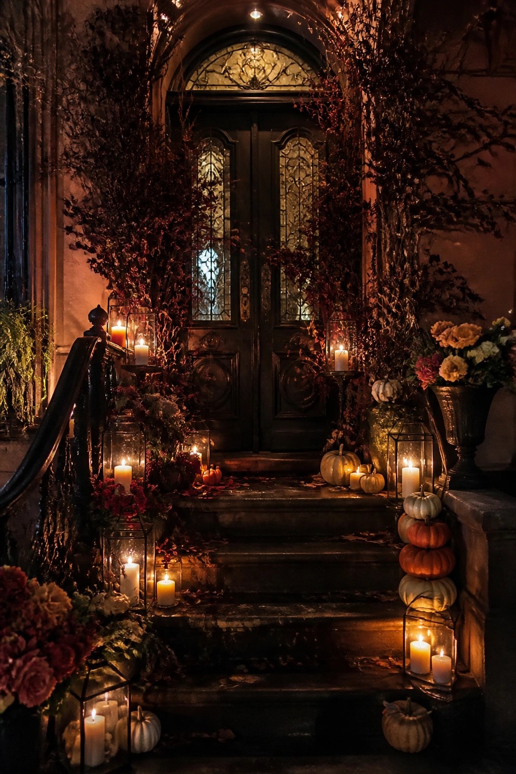 Dark front door entrance with steps lined by glowing lanterns and scattered pumpkins in warm candlelight.