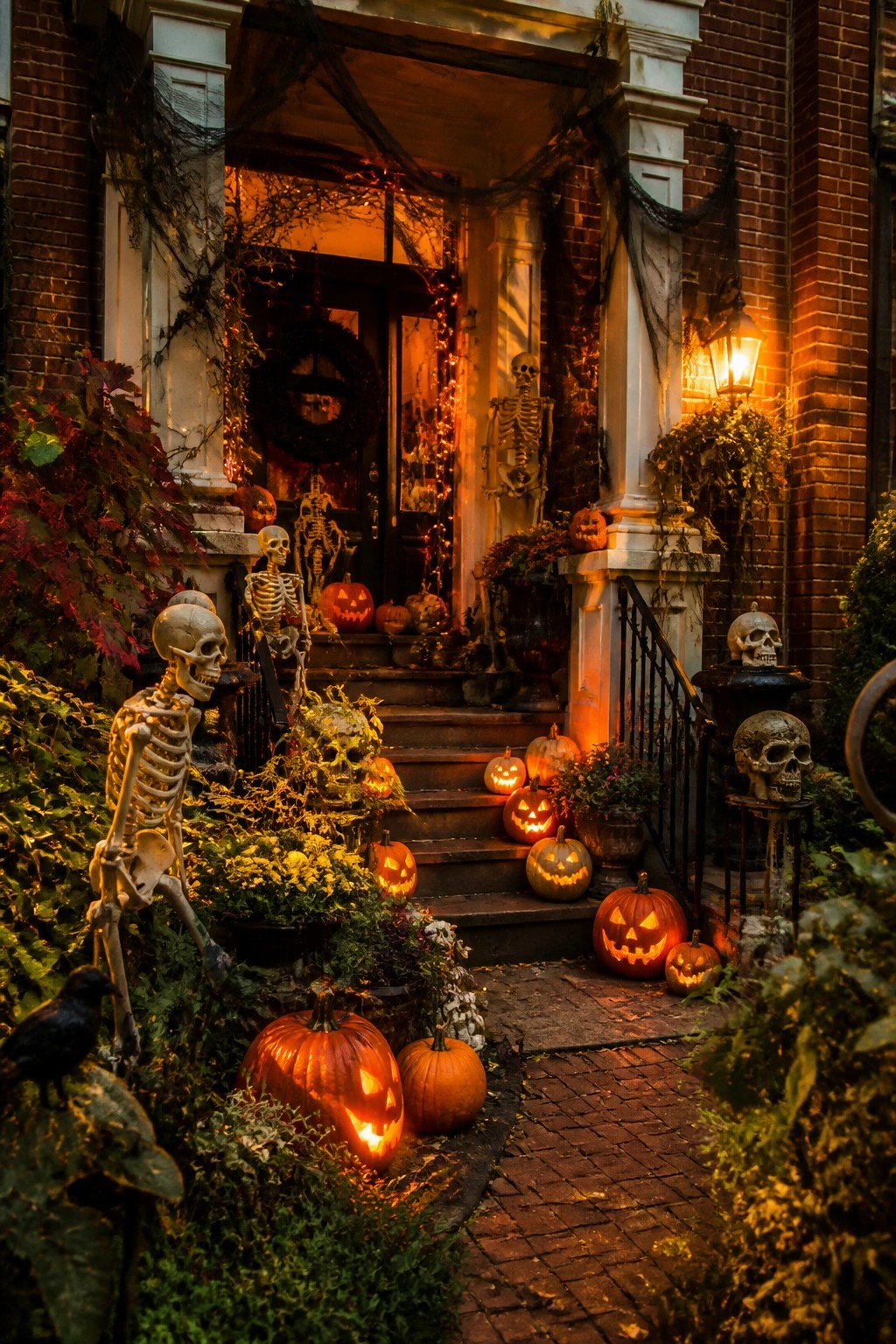 Halloween-decorated brick house entrance with skeletons, glowing jack-o'-lanterns, and spider webs.