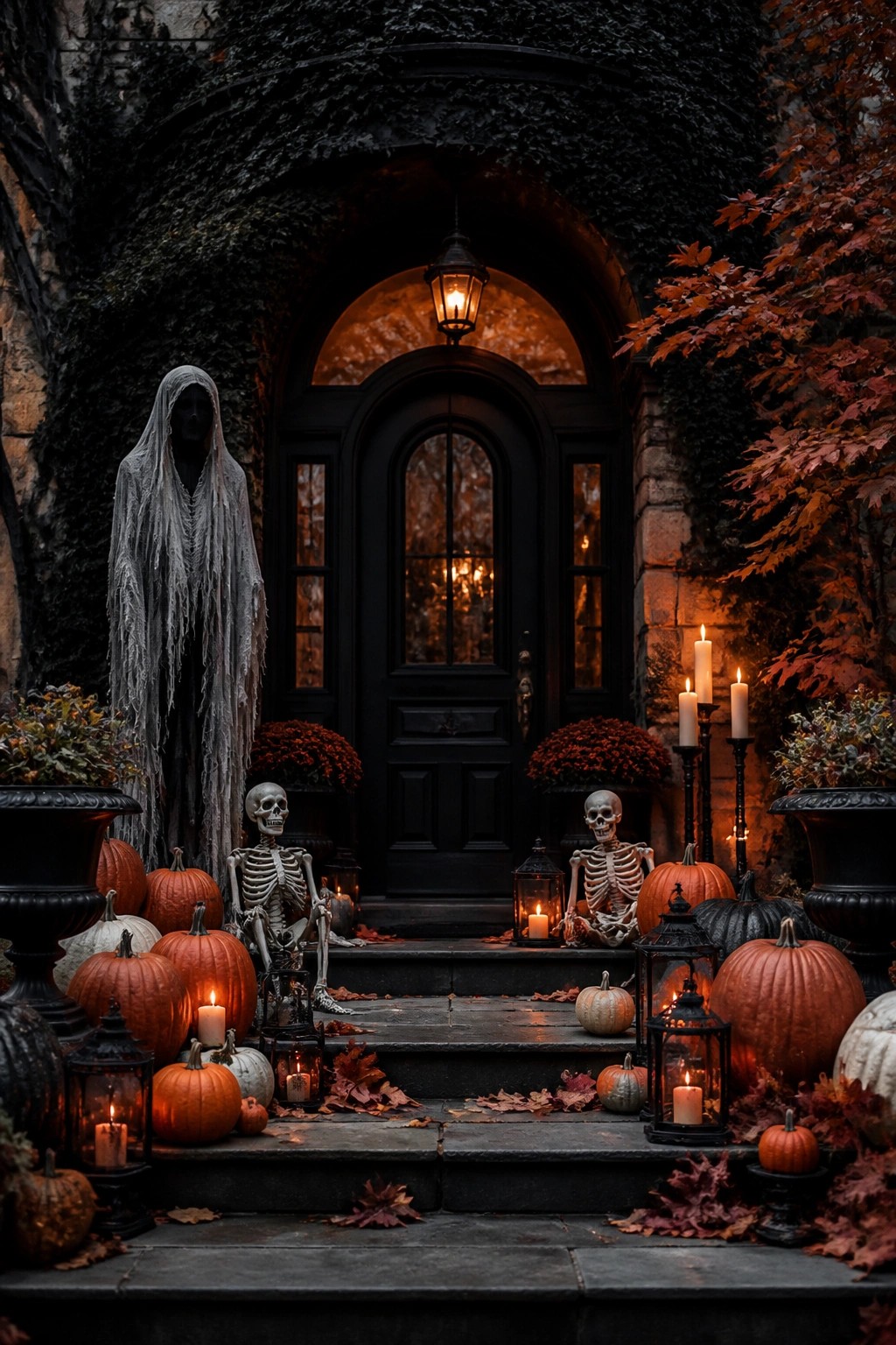 Spooky Halloween entrance with skeletons, pumpkins, lanterns, candles, and a ghostly figure.