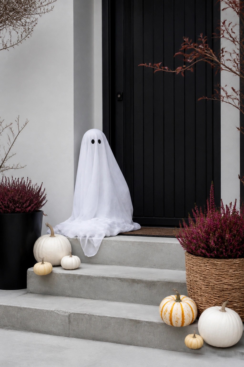 A white fabric ghost decoration sitting on concrete steps in front of a black door with white and striped pumpkins placed around it.