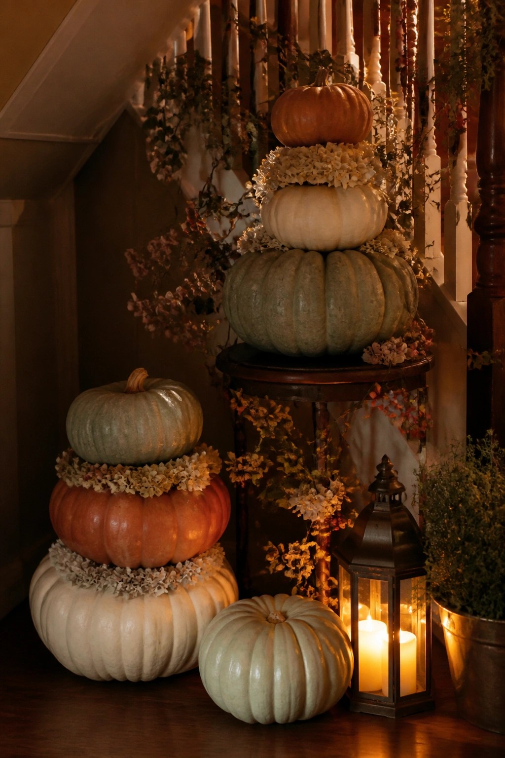 Entry area with two stacked pumpkin displays using white, orange, and green pumpkins separated by dried flower rings, one on a round table and one on the floor near a staircase.