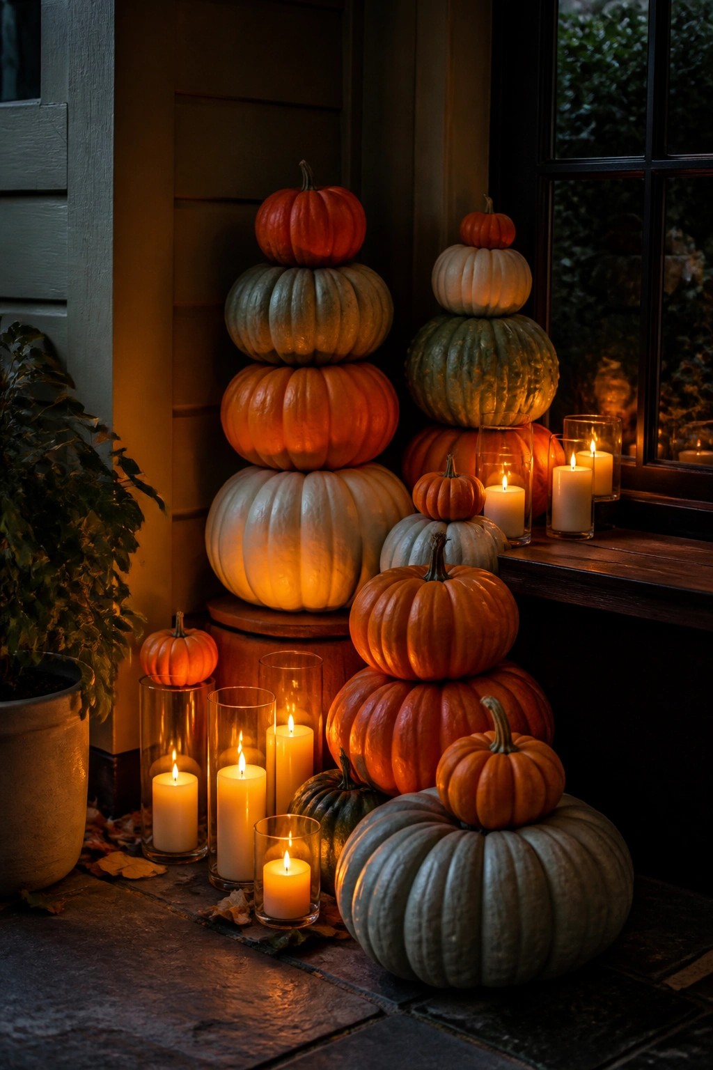 Stacked multicolored pumpkins and glowing candles on a dark autumn porch