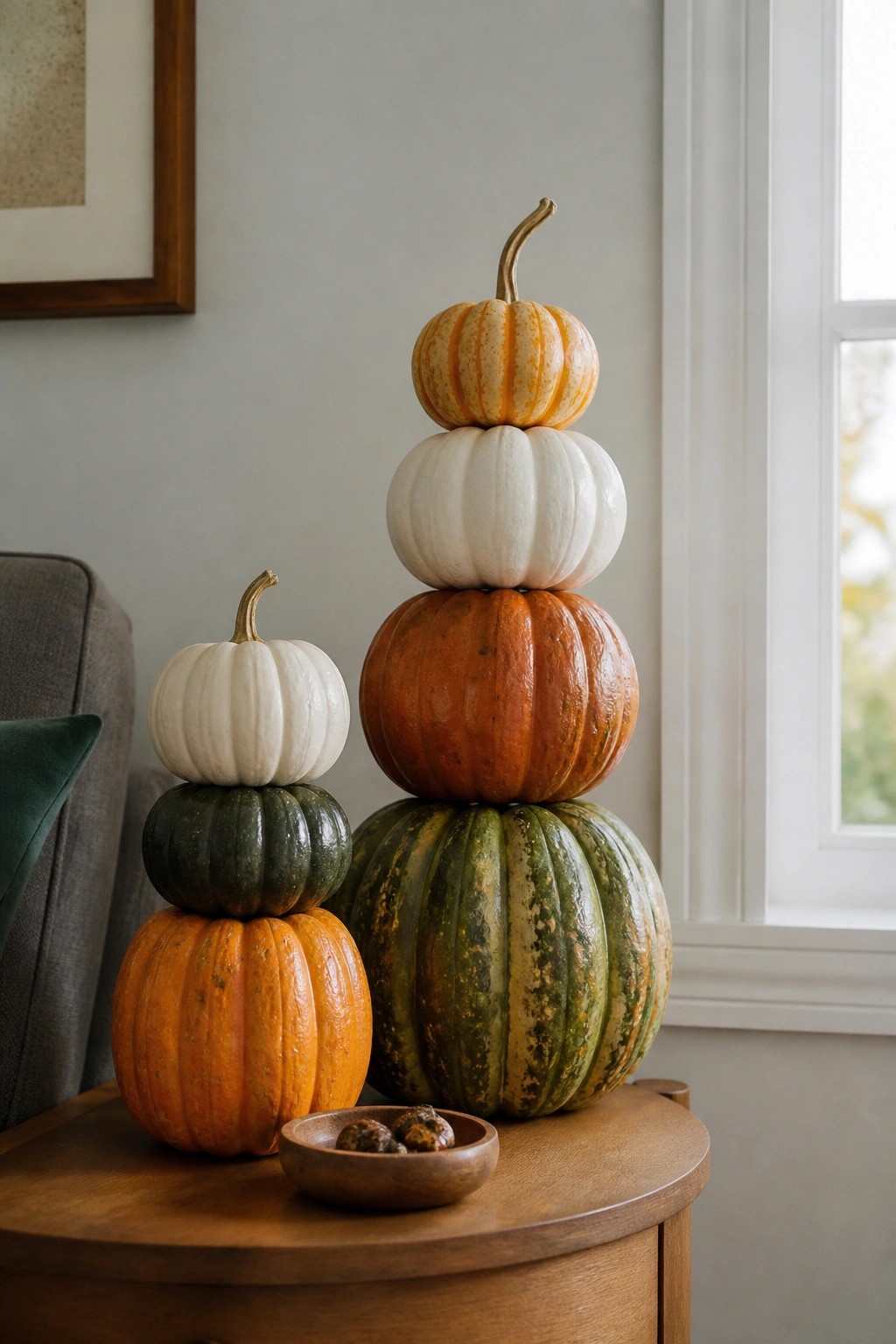 Several stacks of white, orange, and green pumpkins arranged on a round wooden table to form tall vertical displays.