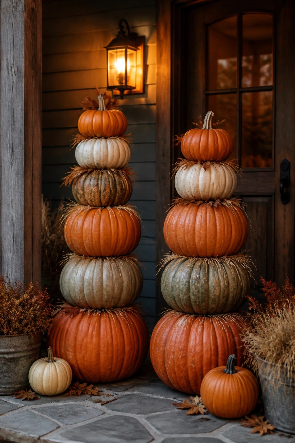 Two stacks of orange, white, and green pumpkins on autumn porch with lantern