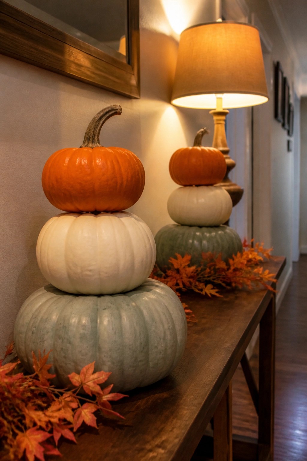 Stacked pumpkins in orange, white, and green-gray tones arranged on a wooden console table in an entryway.