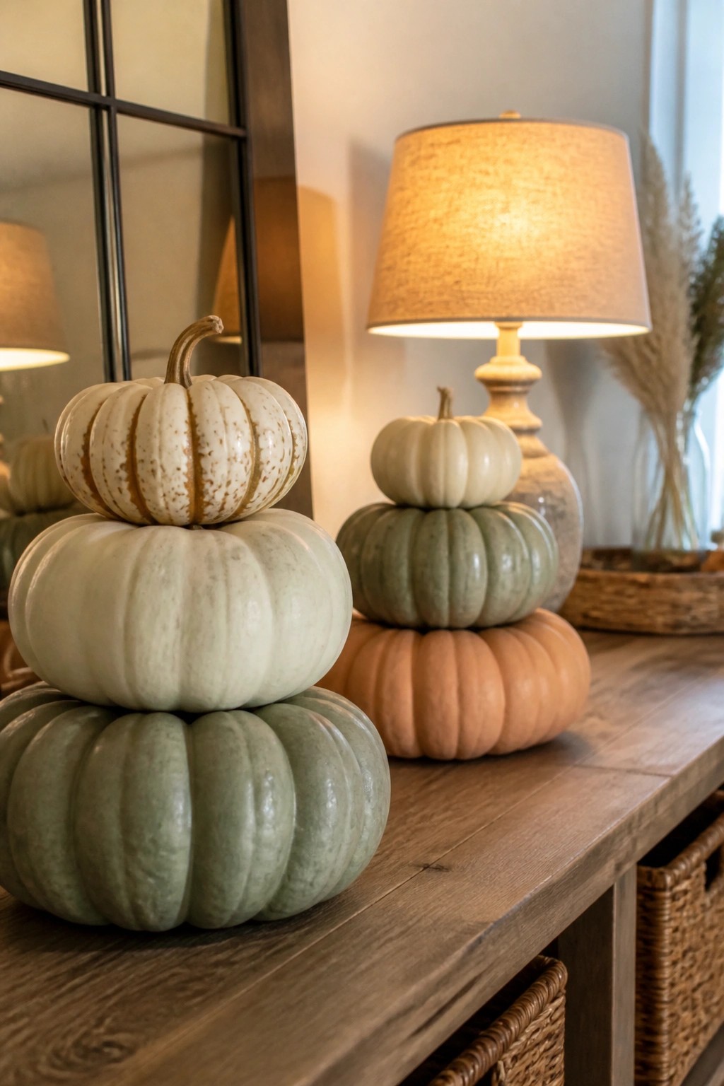Neutral stacked pumpkins in white and green tones arranged on a wooden console table next to a lit lamp.